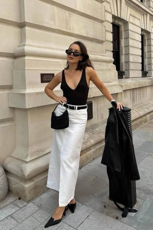 white denim skirt outfit
