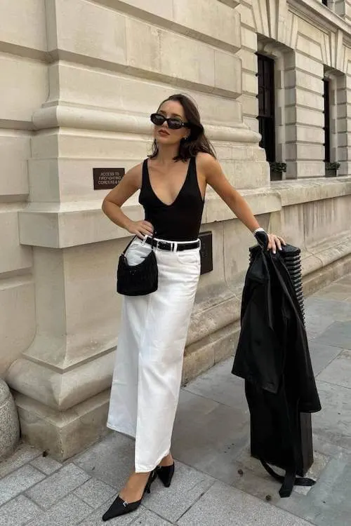 white denim skirt outfit