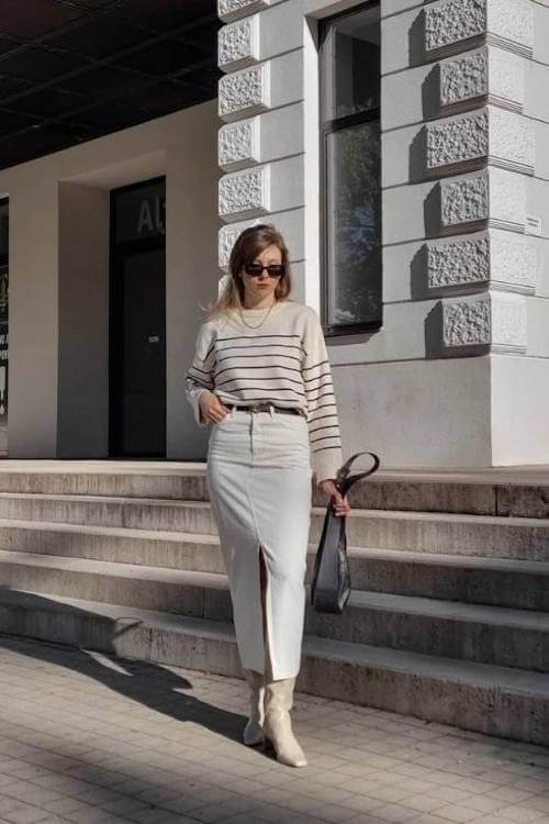 white denim skirt outfit