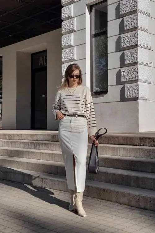 white denim skirt outfit