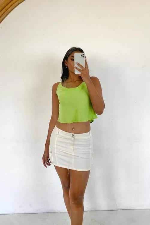 white denim skirt outfit