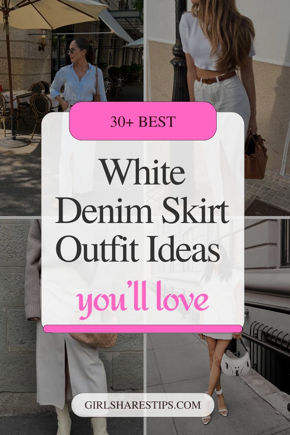 white denim skirt outfit ideas collage