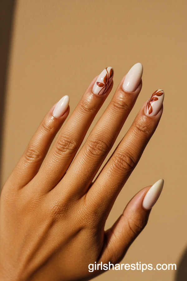 White Nails With Fall Floral Accents