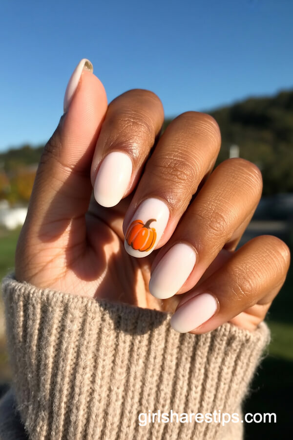 White Nails With Tiny Pumpkin Accent