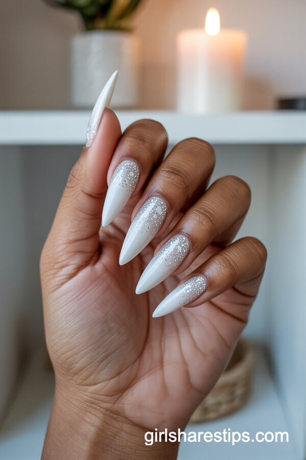 White Nails With Silver Glitter Fade