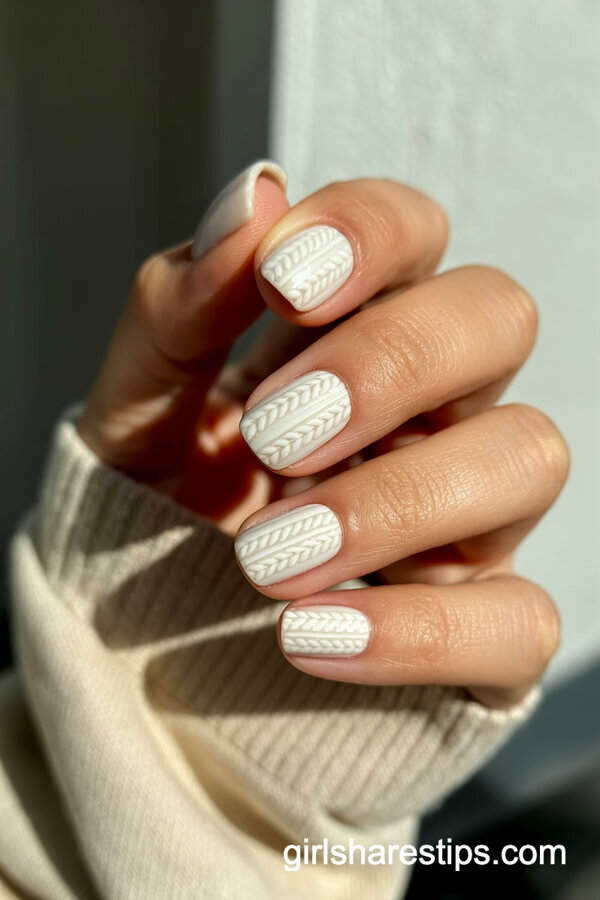 White Sweater-Texture Embossed Nails