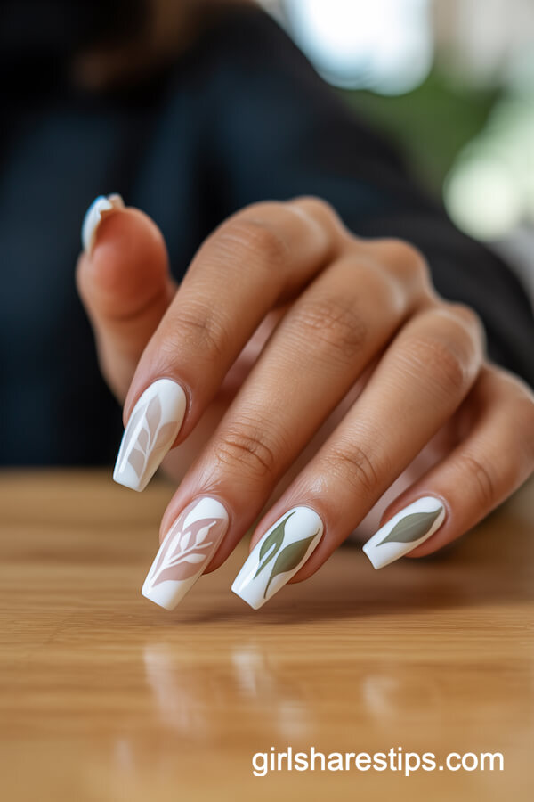 White Nails With Negative Space Leafy Art