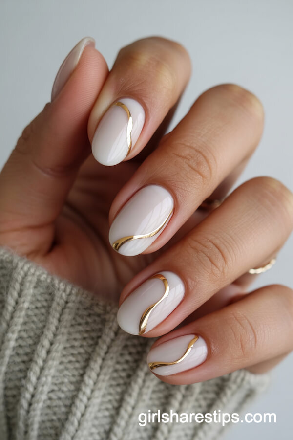 White Nails With Asymmetrical Gold Lines