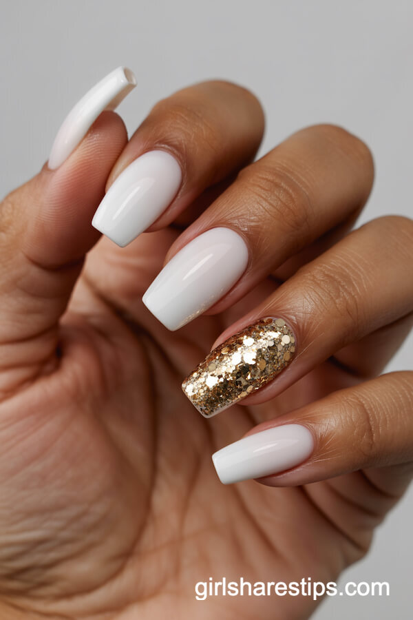 White Nails With Chunky Gold Accent