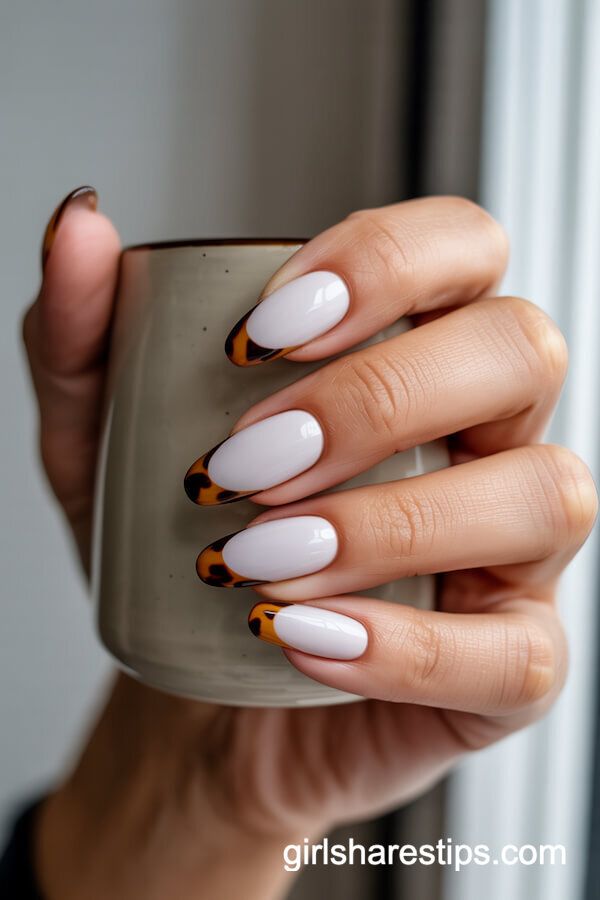 White Nails With Brown Tortoiseshell Tips
