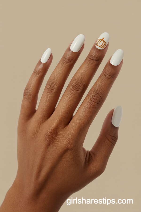 White Nails With Minimal Pumpkin Outline
