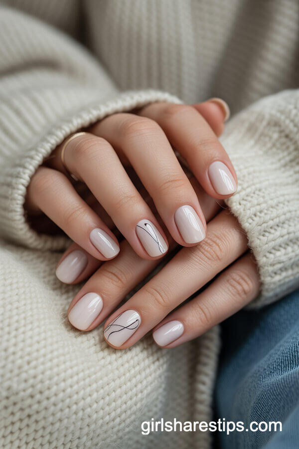 White Nails With Minimalist Black Art