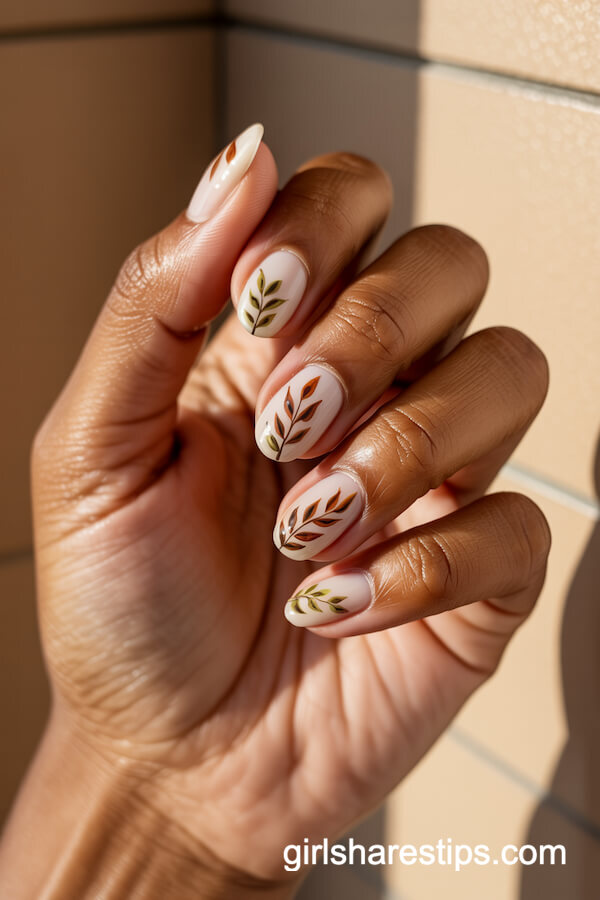 White Nails With Leafy Fall Accent Art