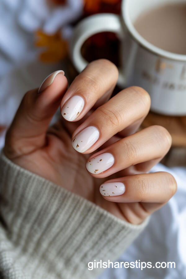 Sheer White Nails With Gold Flakes