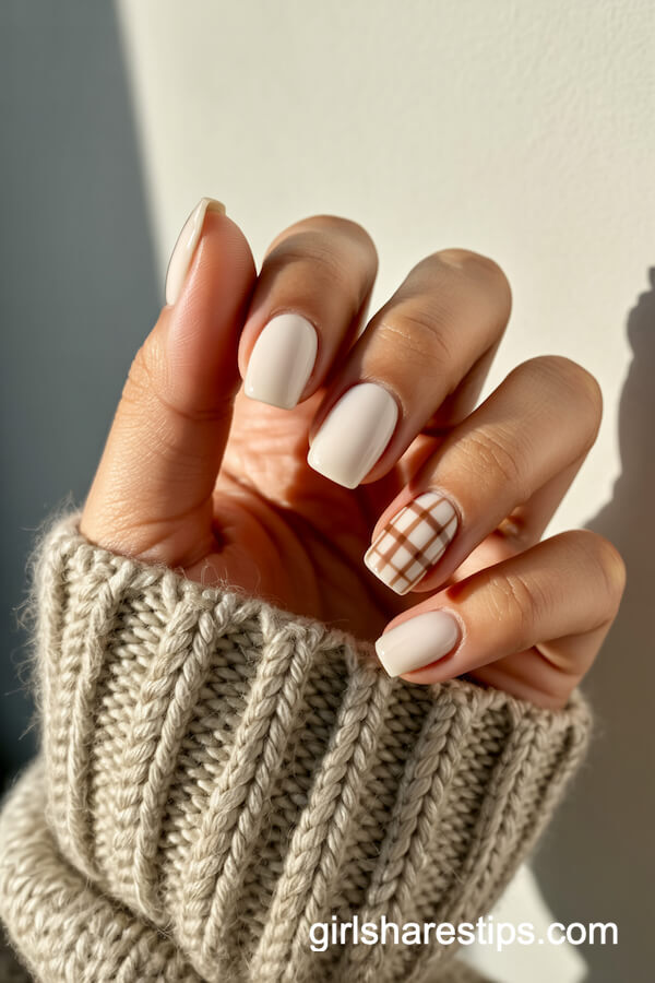 White Nails With Plaid Fall Accents