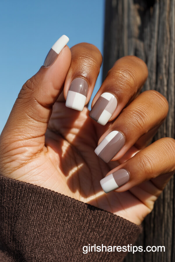 White And Taupe Color Block Nails