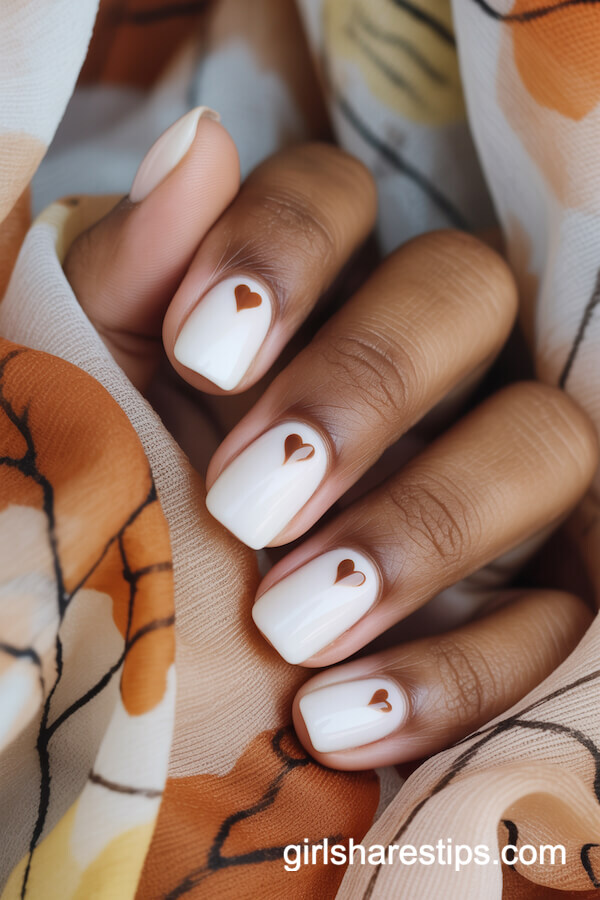White Nails With Tiny Brown Hearts