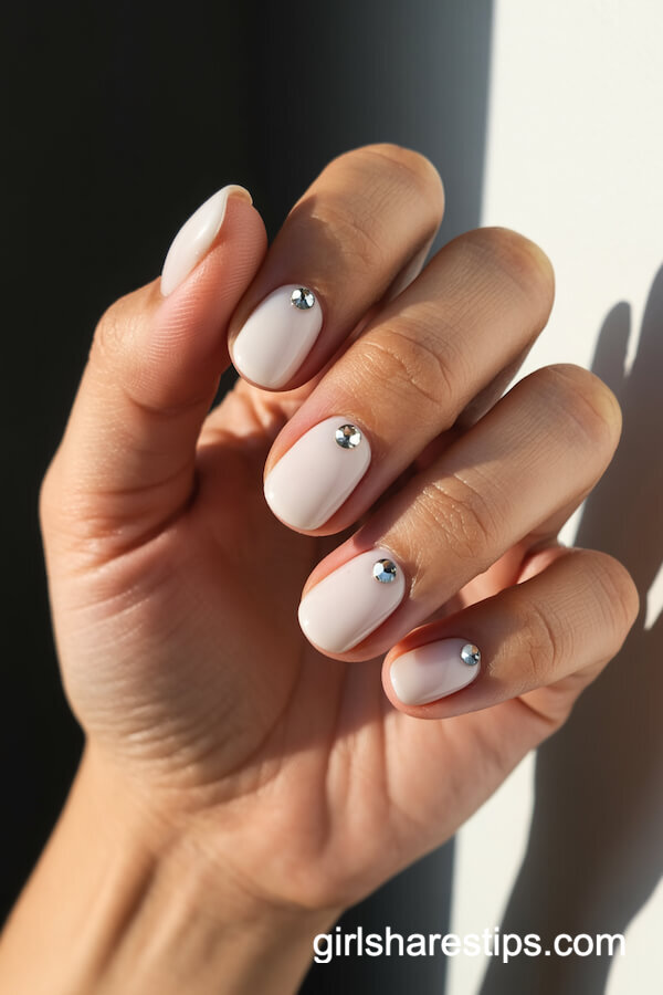 White Nails With Cuticle Rhinestone Detail