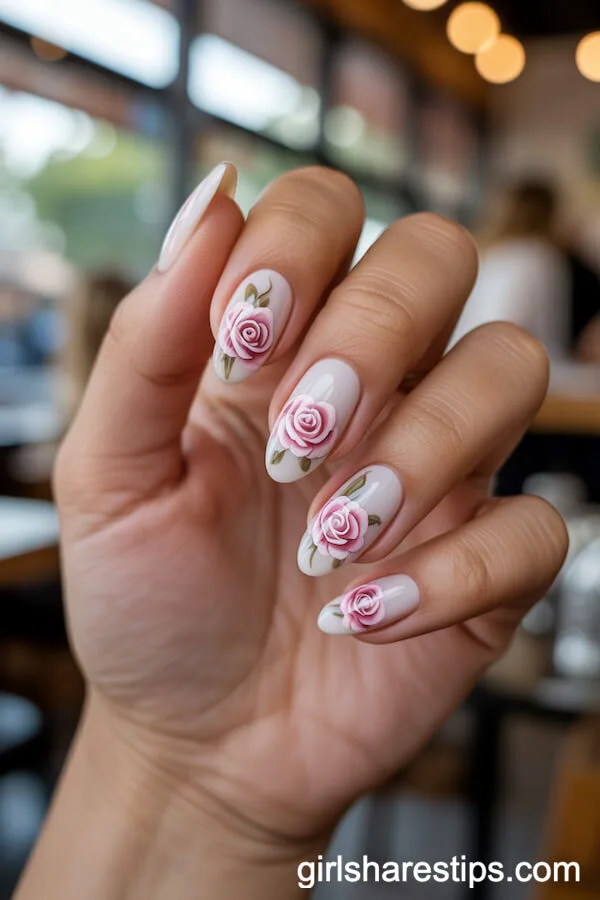 Soft White Almond Nails with Delicate Rose Florals