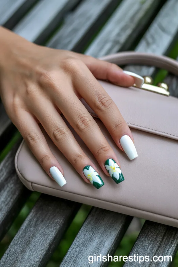 White Coffin Nails with Gardenia Accents