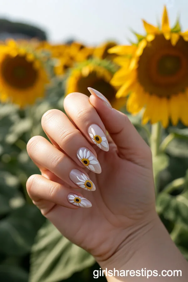 White Almond Nails with Stylized Sunflower Petals