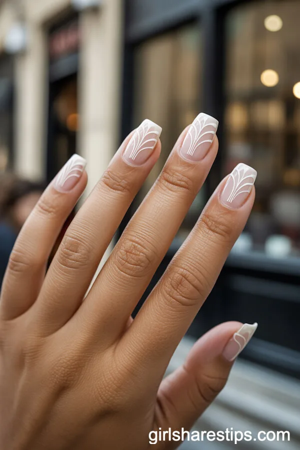 Opaque White Square Nails with Art Deco Florals