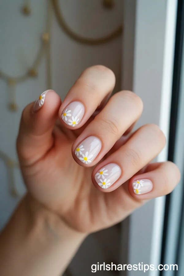 Glossy White Short Nails with Cute White Daisies