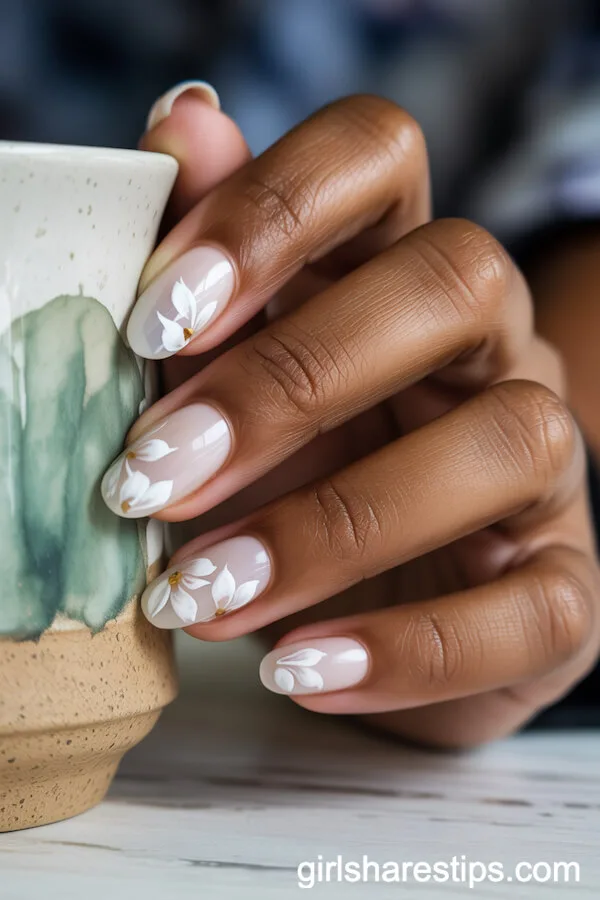 Translucent White Oval Nails with Watercolor Florals