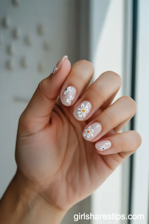 Sheer White Oval Nails with Playful Floral Stickers