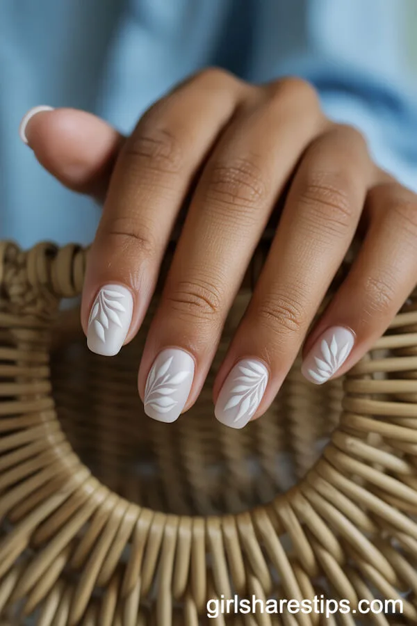 Matte Milky White Squoval Nails with Abstract Petal Art