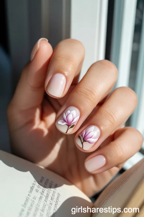 White Rounded Nails with Realistic Magnolia Flowers