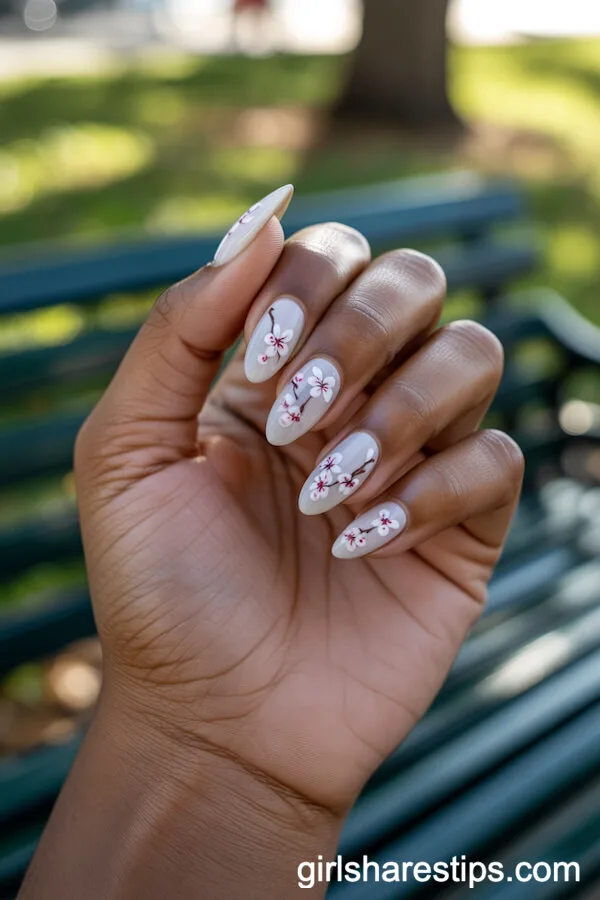 White Almond Nails with Cherry Blossom Accents