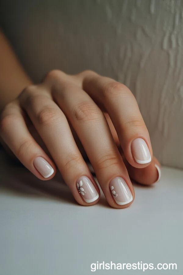 Glossy White Rounded Nails with Minimalist Floral Accents