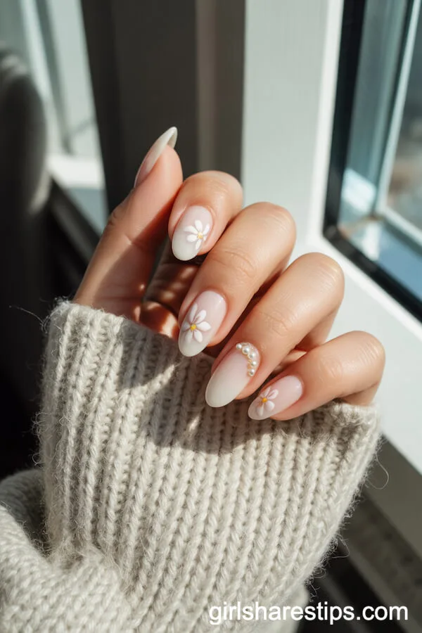 White Almond Nails with Tiny Blooms and Pearl Accents