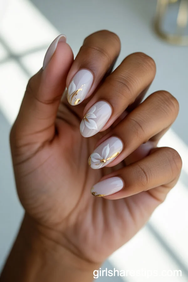 Sheer White Almond Nails with Intricate Florals and Gold Foil