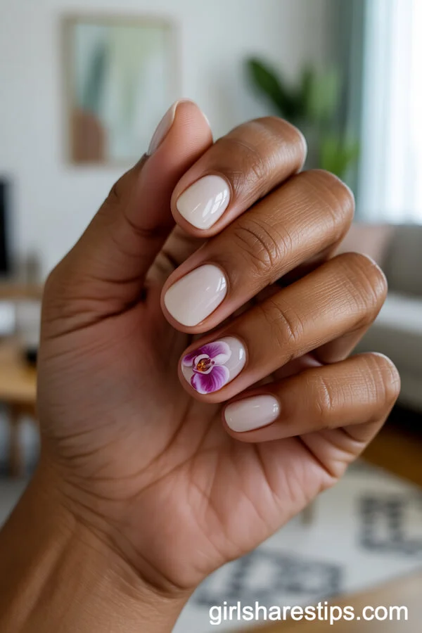 Glossy White Short Nails with Minimal Orchid Art