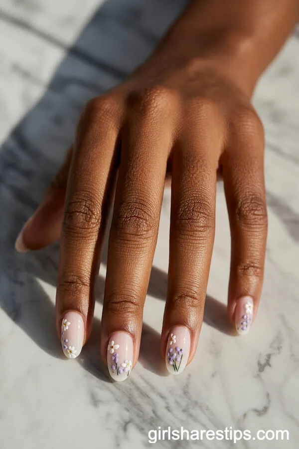 Sheer White Oval Nails with Lavender and White Florals