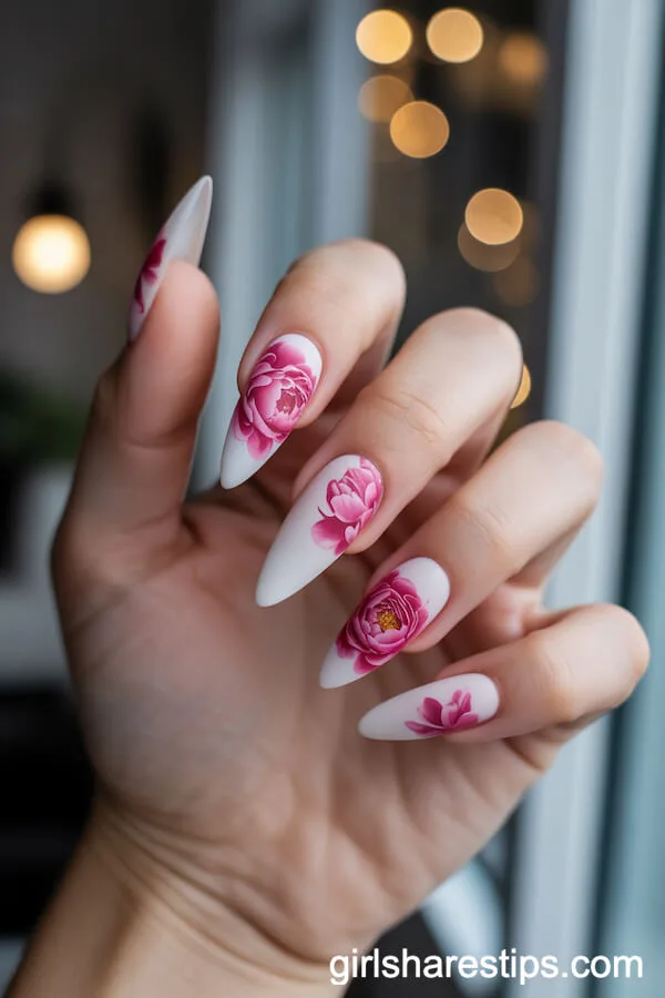 Matte White Stiletto Nails with Bold Peony Designs