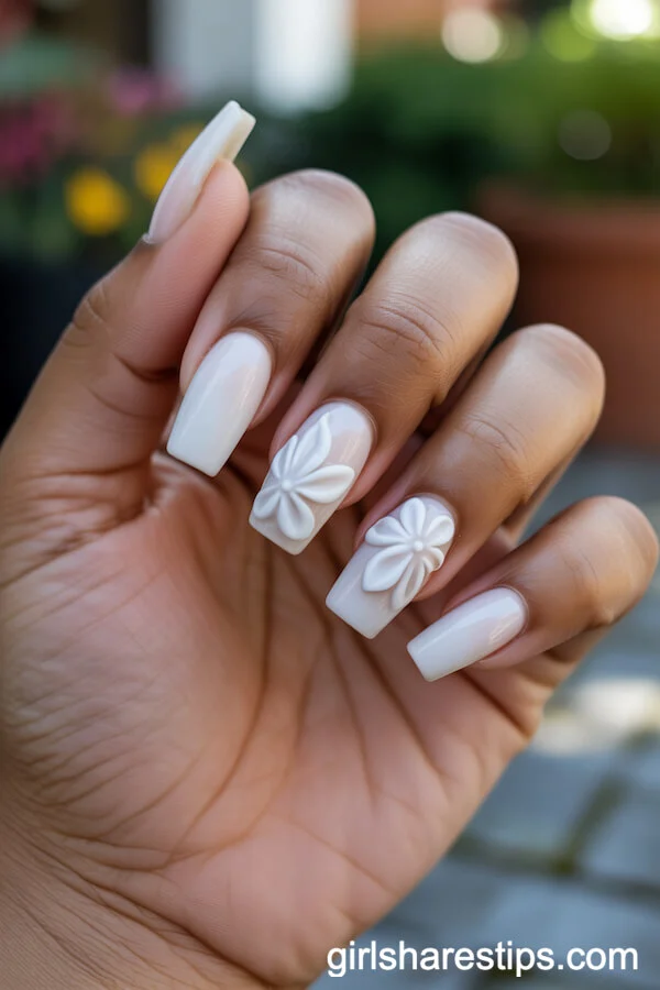 Milky White Coffin Nails with 3D Floral Appliqu&eacute;s