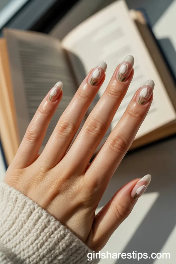 Shiny White Squoval Nails with Tiny Tulip Designs