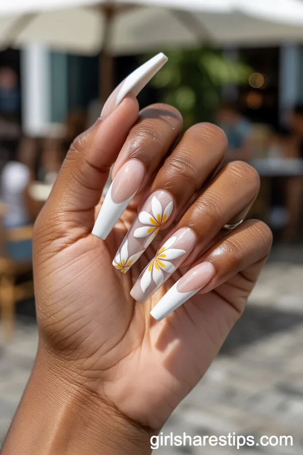 Glossy White Coffin Nails with Tropical Flower Motifs