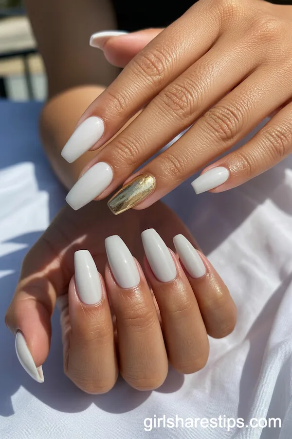 Milky White Coffin Nails with Gold Foil Accents