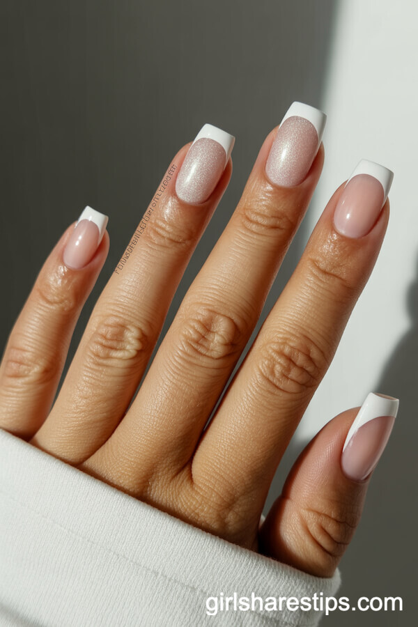 Shimmer White Square Nails with Ultra-Thin French Tips