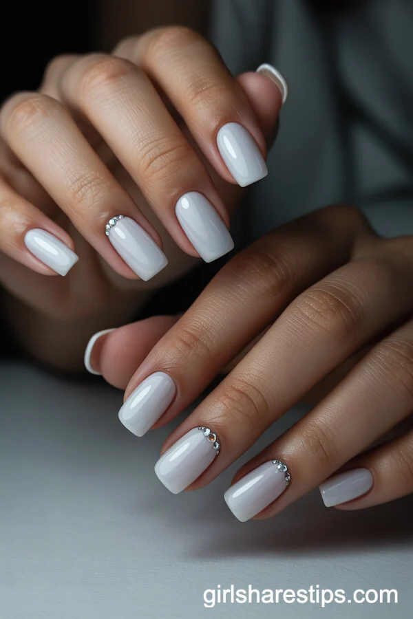 Glossy Sculpted Square Nails with Crystal Gem Cuticle Accents