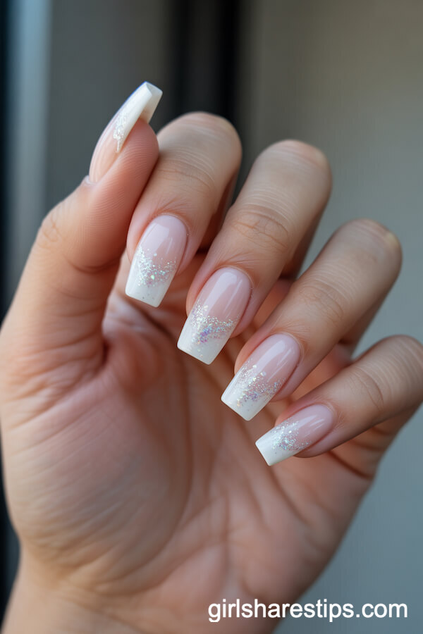 White Coffin Nails with Iridescent Glitter Ombre Tips
