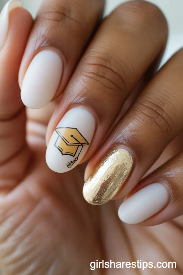 Matte White Oval Nails with Gold Foil Graduation Cap Accent