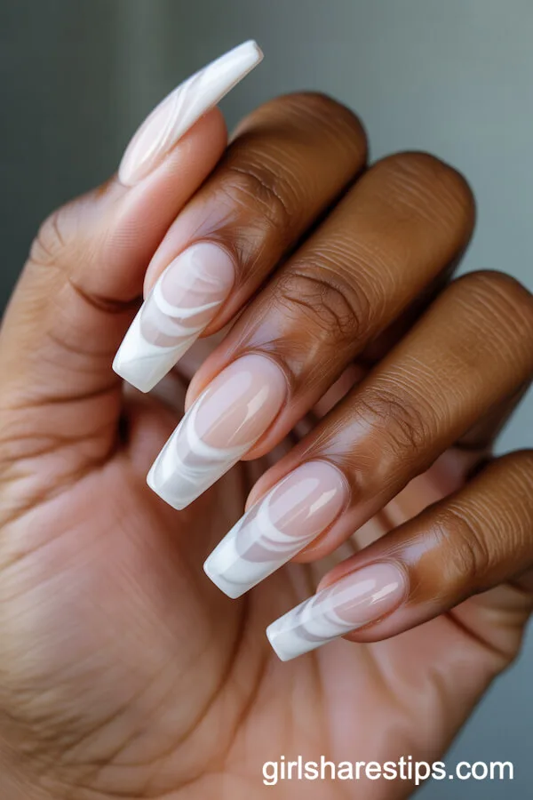 Coffin Nails in Sheer and Milky White Marble Effect