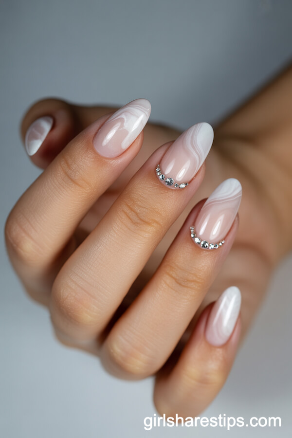 White Marble Almond Nails with Crystal Rhinestones