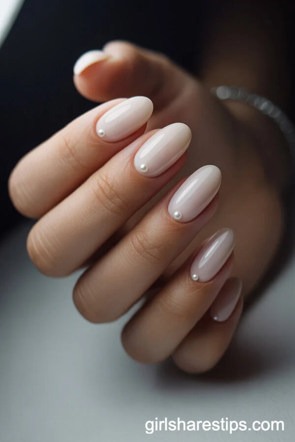 Short Oval Creamy White Nails with Pearl Embellishments