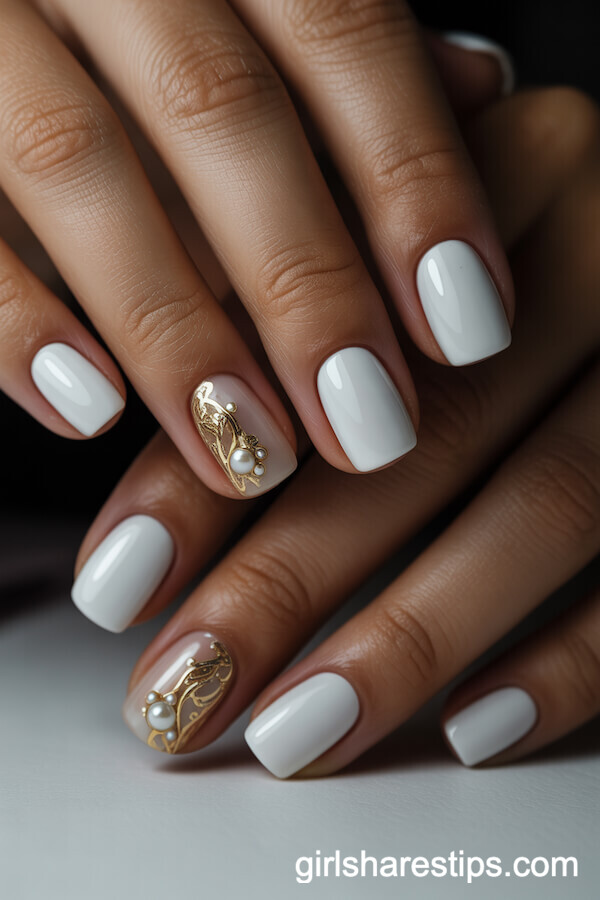 White Square Nails with Gold Filigree and Pearl Accents
